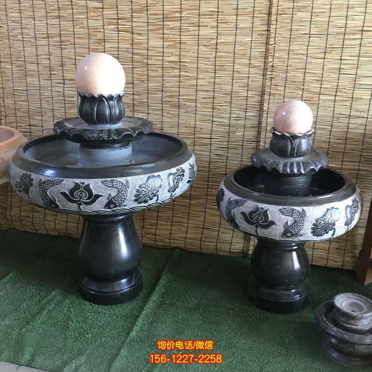 小型室內黑色大理石風水球水缽，辦公家用招財風水擺件