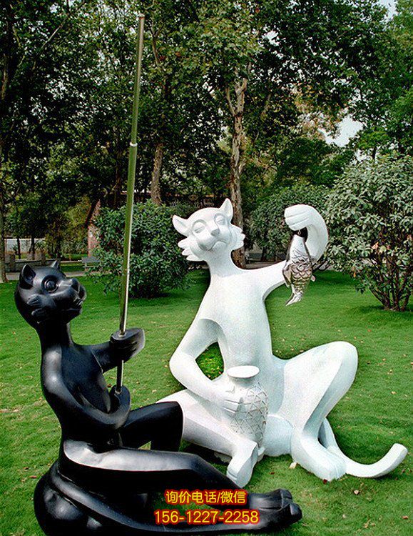 玻璃鋼抽象大貓咪，黑白兩色釣魚貓咪