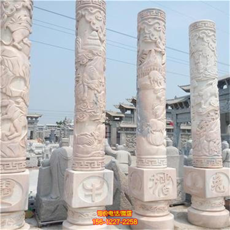 12生肖文化柱，晚霞紅石雕柱子