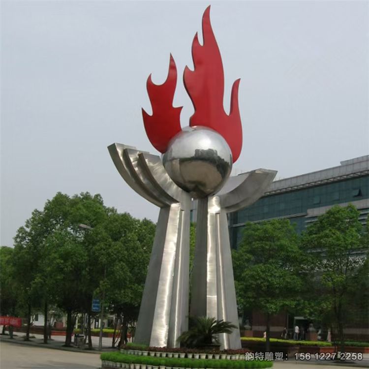 廣場大型不銹鋼火把雕塑，紅色主題雕塑