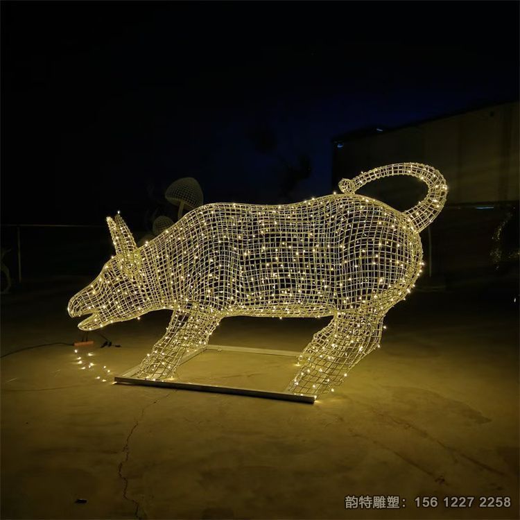 發光鏤空牛雕塑 不銹鋼絲編織動物雕塑