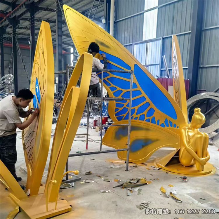 不銹鋼蝴蝶仙子雕塑 手工彩繪現場實拍圖